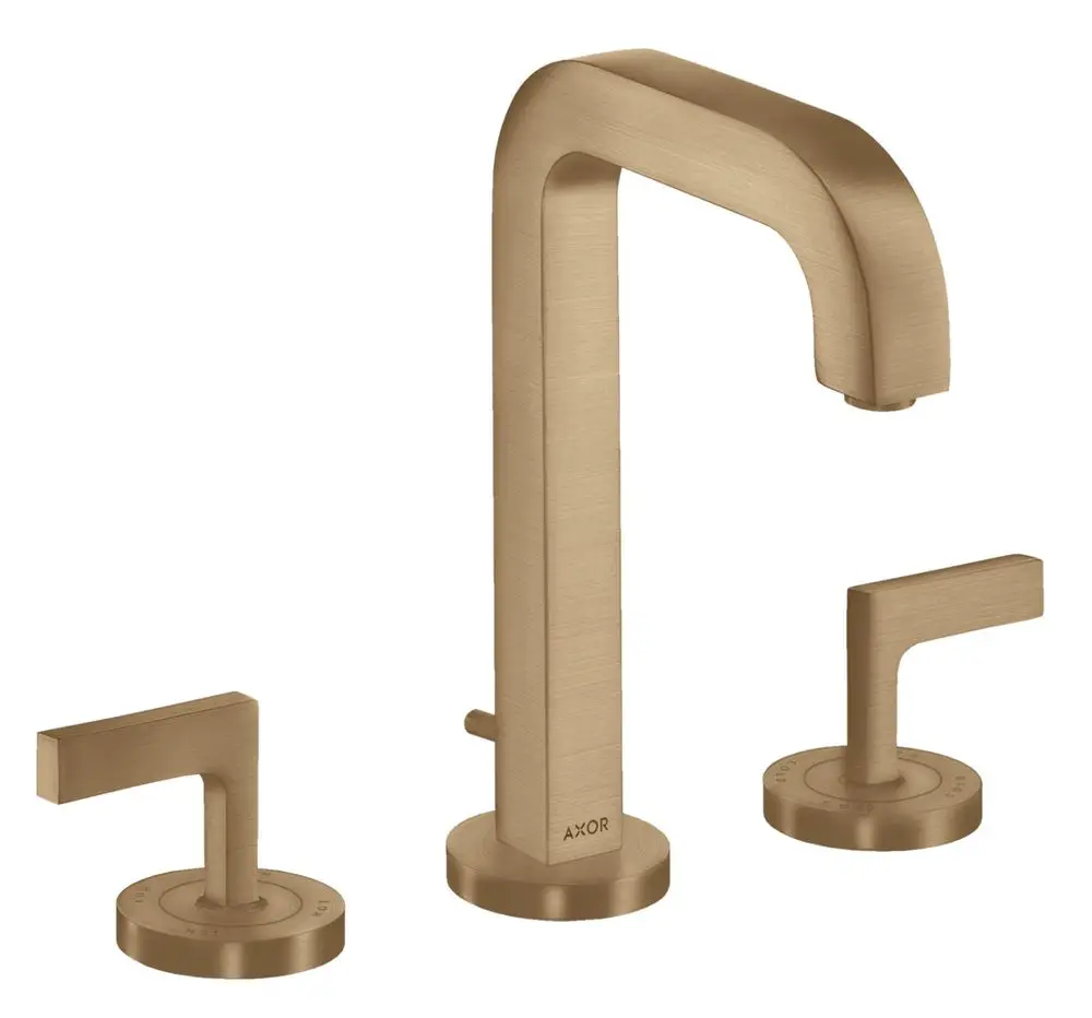 Waschtischarmatur von AXOR mit drei Teilen: ein hoher Auslauf und zwei Hebelgriffe, alle in brushed bronze. Enthält Rosetten und eine Zugstangen-Ablaufgarnitur.